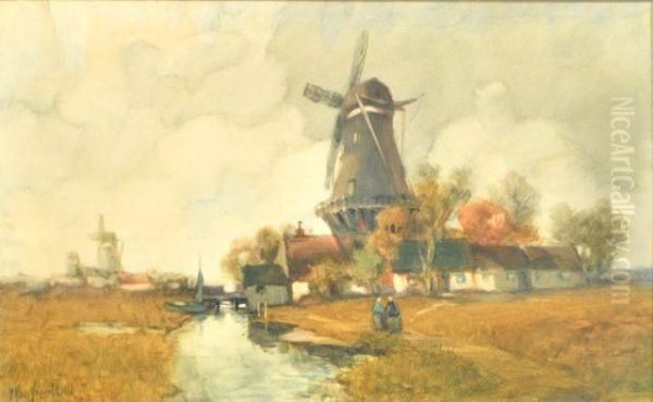 Landscape With Windmills And Figures Oil Painting by Francis William Van Vreeland