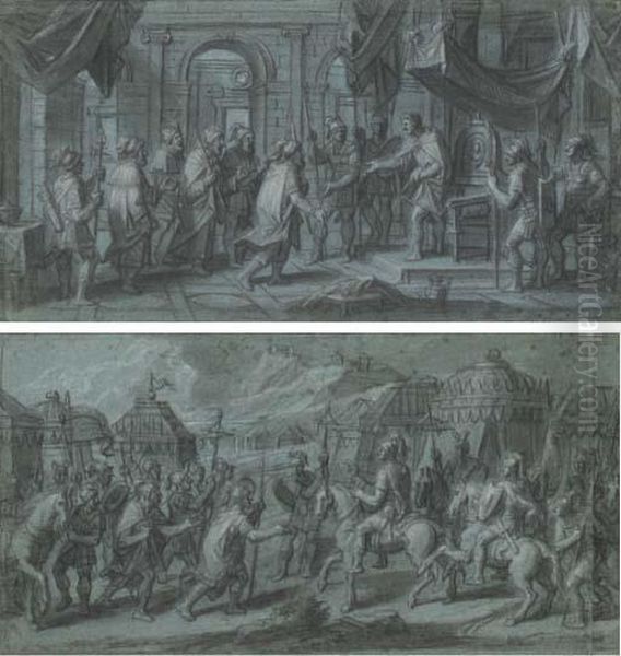 Avec Inscriptions 'cesar Etant 
Entre Dans Rome Avec Son Armee Pompee S'enfuit Par La Mer, Tous Les Rois
 Et Les Grand Seigneurs Viennent Se Ranger Sous Ses Ordres.' Oil Painting by Francois Verdier
