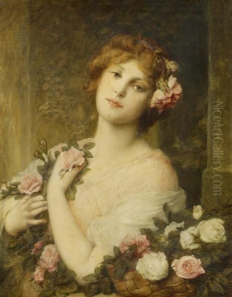 Portrait Of A Girl With Flowers Oil Painting by Gabriel Cornelius Von Max