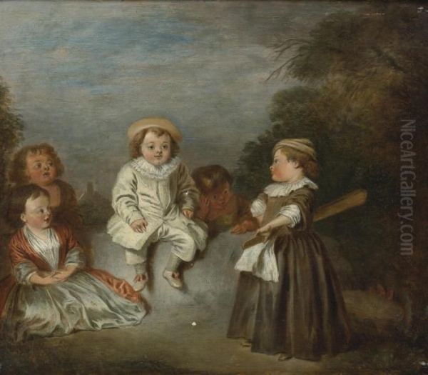 Follower Of Jean-antoine Watteau ; Group Of Children ; Oil On Panel Oil Painting by Jean-Antoine Watteau