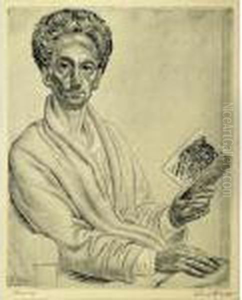 Artist M. Baer With A Book Oil Painting by Eduard Wiiralt