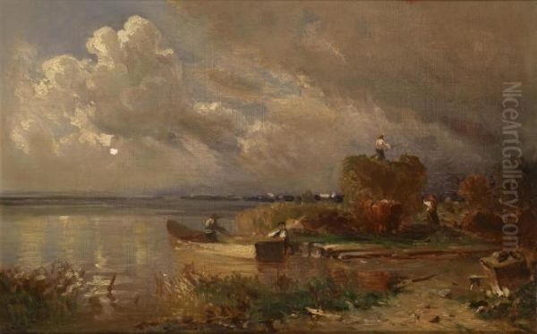 Harvest On Lake Chiemsee Oil Painting by Josef Wopfner
