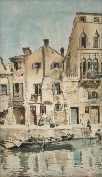 A Venetian Backwater Oil Painting by Vittore Zanetti Zilla