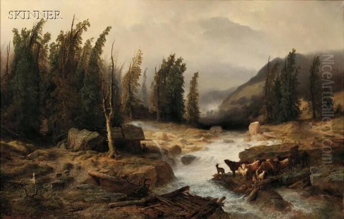 The Old Bridge/a Mountain Torrent Scene With Livestock Oil Painting by Richard Zimmermann