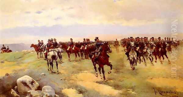 Soldiers On Horseback I Oil Painting by Jose Cusachs y Cusachs