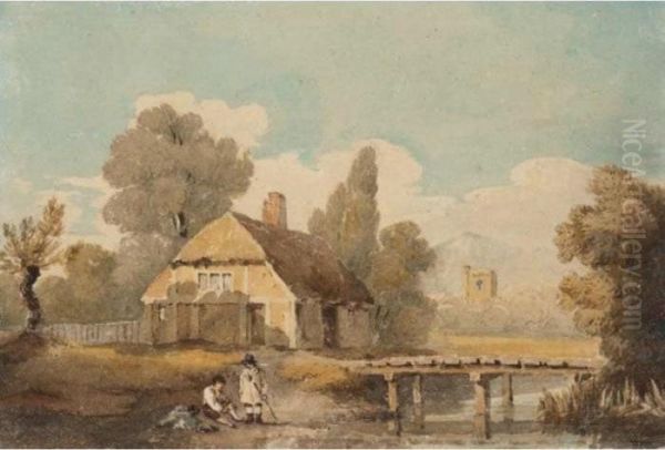 Cottage By A Stream Oil Painting by David I Cox