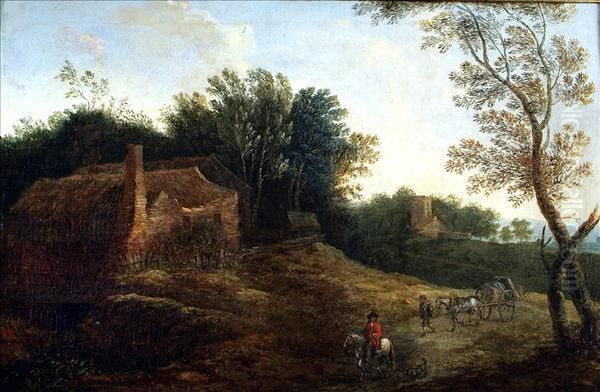 Travellers On A Path Near A Farm And A Church Oil Painting by Jacques D Arthois