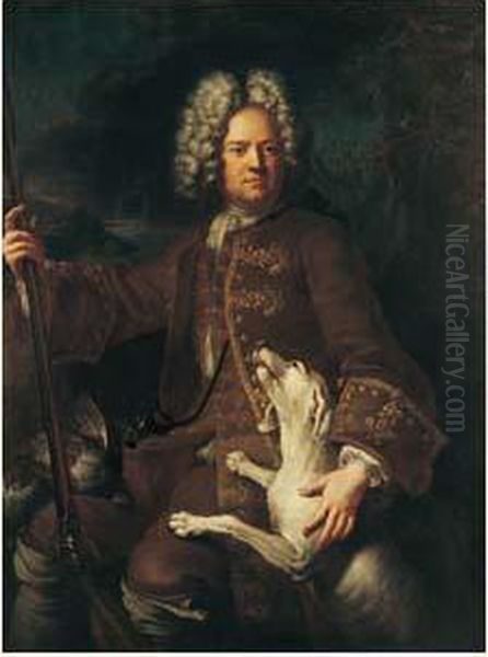 Portrait De Monsieur Paris, Fermier General Du Dauphine, En
 Chasseur, Sur Fond De Paysage Oil Painting by Alexandre-Francois Desportes