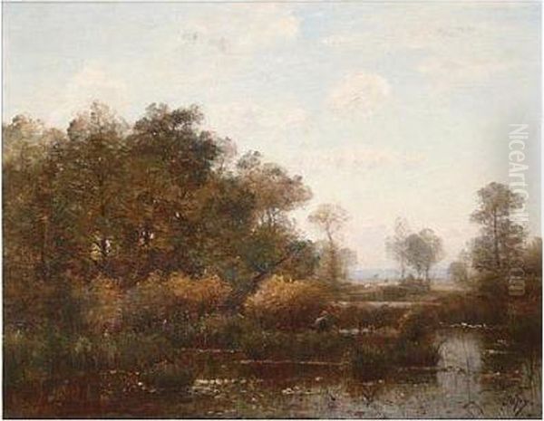 Fisherman At The Watering Hole Oil Painting by Louis-Aime Japy