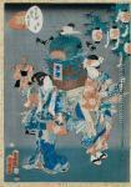 Zwei Vornehme Damen Beim Lampionfest Oil Painting by Kunisada