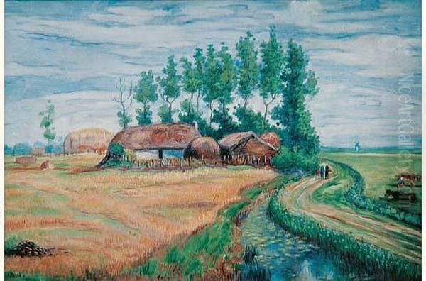 Personnages Sur Le Chemin Dans La Campagne Oil Painting by Jean Peske