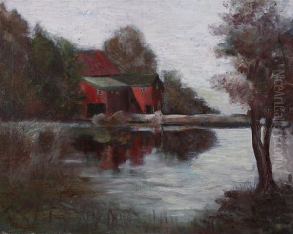 Red Barn On Lake Oil Painting by Clifford Grear Alexander