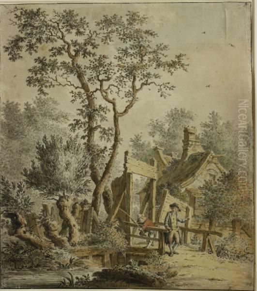 Wandelaar En Visser Op Bruggetje Oil Painting by Bartholomaus Barbiers