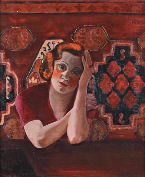 Portrait De Femme En Rouge Oil Painting by Victor Barthe