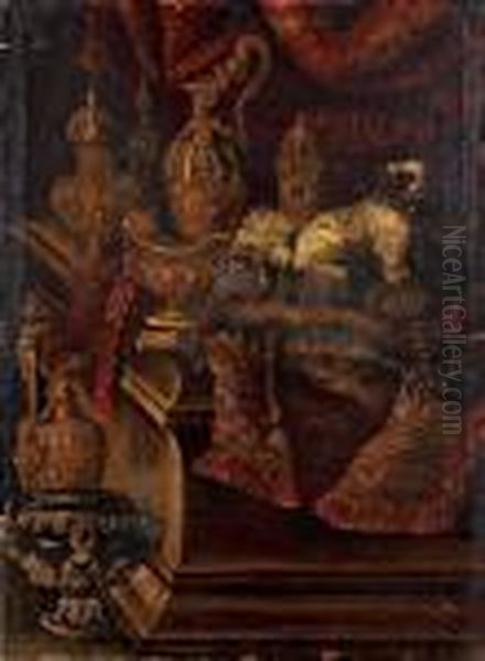 Chien Et Horloge Sur Un Entablement Avec Un Tapis Oil Painting by Antonio de Pereda
