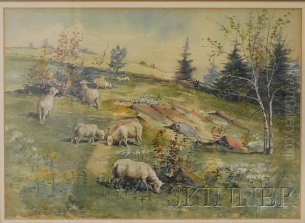 Sheep Grazing On A Rocky Hillside Oil Painting by Albert Melville Graves