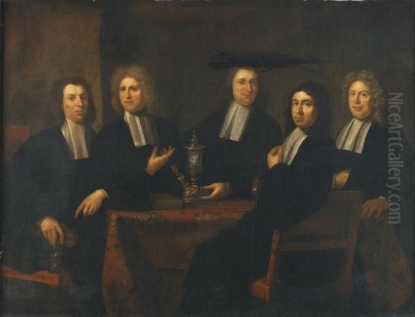 A Group Portrait Of Headmen Of 
The Amsterdam Gold And Silversmith's Guild: Derick Schelte, Deken; 
Johannes De Vicq; Matheus Weyland; Hendrick De Hondt And Gerrit Lange Oil Painting by Juriaen Pool