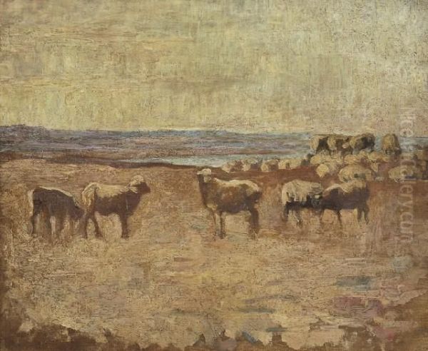 Sheep In Landscape Oil Painting by Violet H. Evangeline Teague