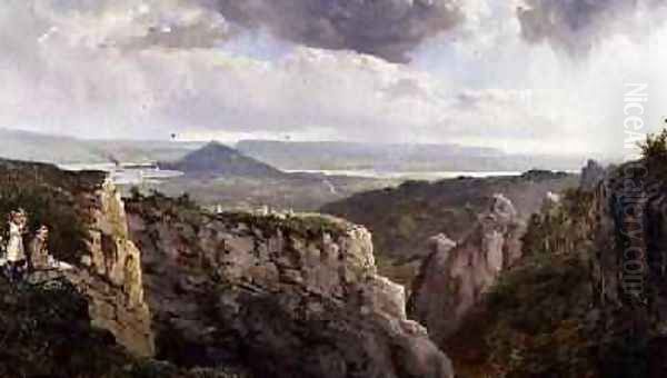 The Elbor Rocks looking towards Glastonbury with the artist EJ Niemann painted by AF de Prades Oil Painting by Edmund John Niemann, Snr.