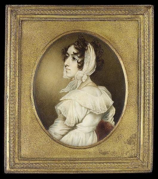 Marian Greer (d.1814), Seated On
 A Red Upholstered Chair, Wearing White Dress With Spotted Gauze 
Sleeves, Large Embroidered Collar And Shoulder Caps, Four Strand Pearl 
Necklace And Embroidered White Scarf Tied About Her Head Oil Painting by George Chinnery