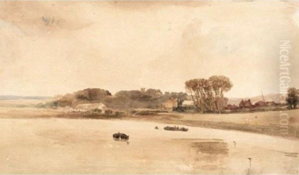 Boats On A River With Cottages On A Wooded Bank Beyond Oil Painting by Peter de Wint