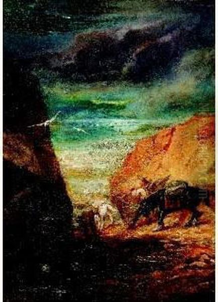 Cavalier Et Sa Monture Dans Une Gorge De Montagne En Bord De Mer, Circa 1873 Oil Painting by Gustave Dore