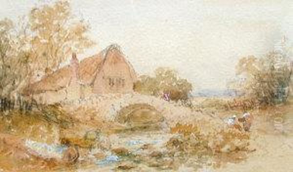 Follower Of Myles Briket Foster, 19th Century- Figures By A Cottage Oil Painting by Myles Birket Foster