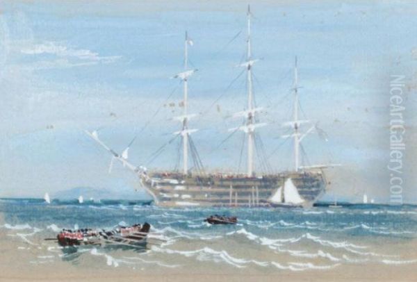 Hms Victory Oil Painting by Myles Birket Foster