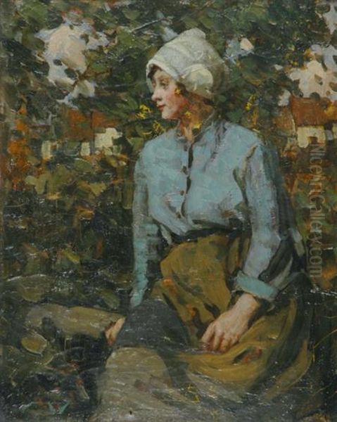 Country Girl With Farm Buildings In The Distance Oil Painting by William Lee Hankey