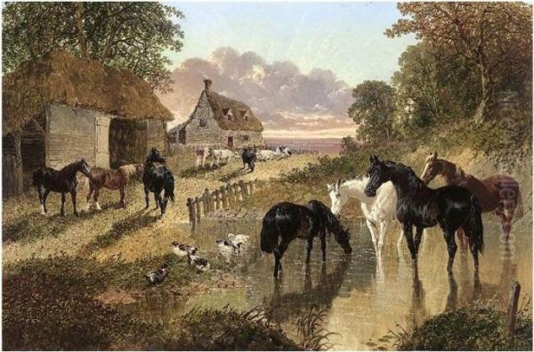 The Evening Hour - Horses And Cattle By A Stream At Sunset Oil Painting by John Frederick Herring Snr