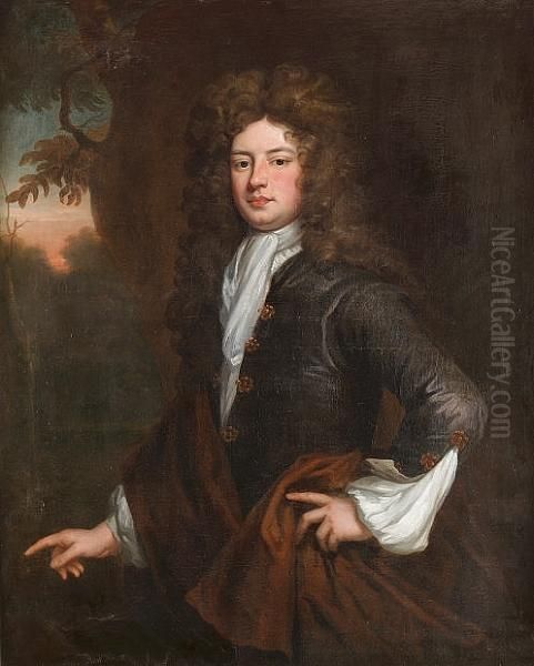 Portrait Of Charles Montagu, 1st
 Earl Of Halifax, Half-length, In A Dark Blue Coat With A Brown Wrap And
 White Jabot Oil Painting by Sir Godfrey Kneller
