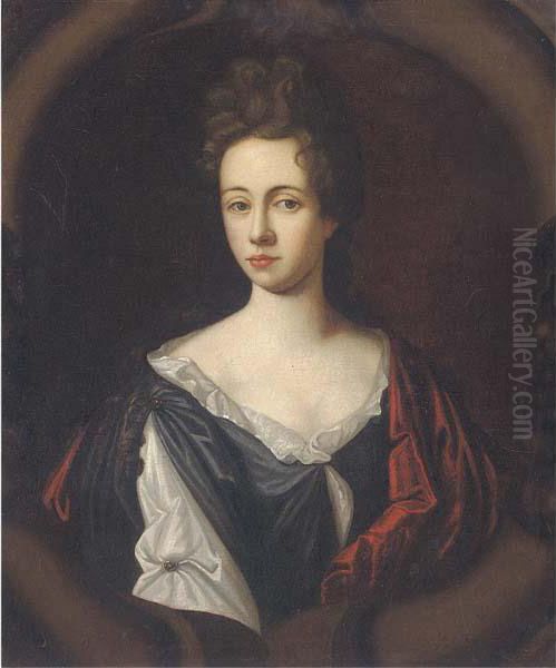 Portrait Of A Lady, Half-length,
 Wearing A White And Black Dresswith A Red Wrap, In A Sculpted Cartouche Oil Painting by Sir Godfrey Kneller