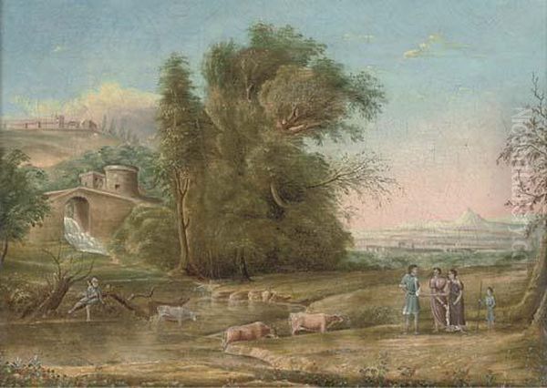 A Wooded River Landscape With A Waterfall Beneath A Tower Oil Painting by Claude Lorrain (Claude Gellee)