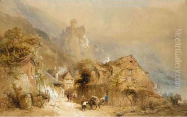 Village By An Alpine Lake Oil Painting by Thomas Miles Richardson