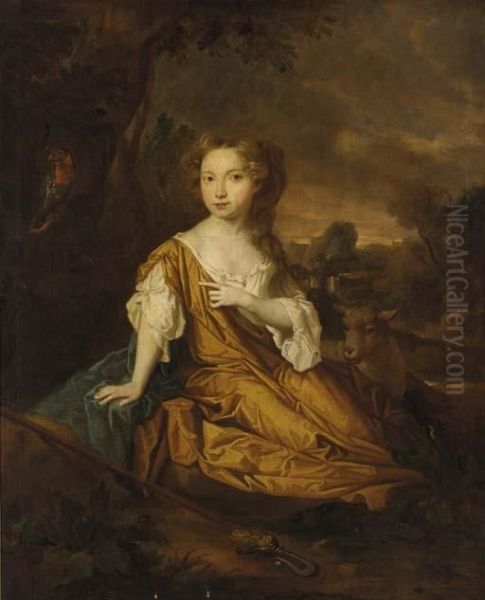 Portrait Of Miss Pearl Of 
Aconbury, Full-length, In A Yellow And White Dress, As A Shepherdess, In
 A Landscape Oil Painting by Sir Peter Lely