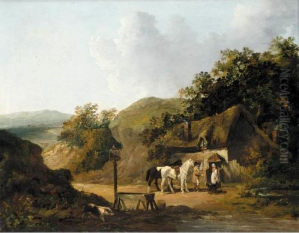 Taking Refreshments Outside A Village Inn Oil Painting by George Morland