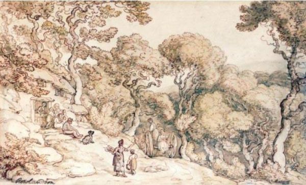 Cottagers Beside A Wooded Road Oil Painting by Thomas Rowlandson