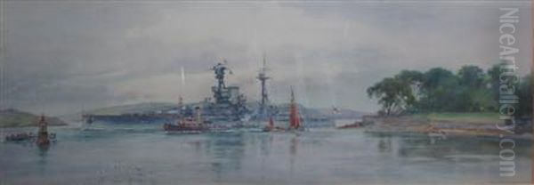 H.m.s. 'royal Oak' Entering Plymouth Harbour Oil Painting by Frank Watson Wood