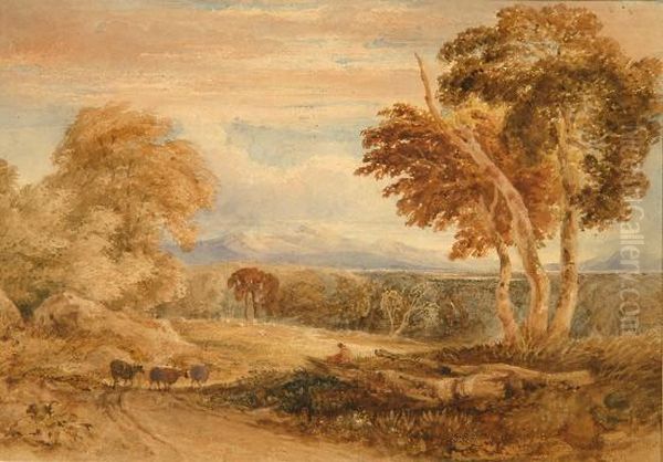 Cattle And Figure On A Path With Mountains In The Distance Oil Painting by Anthony Vandyke Copley Fielding