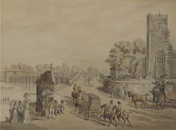Bustling Activity Before St. Mary's Church With Putney Bridge Beyond Oil Painting by Thomas Rowlandson