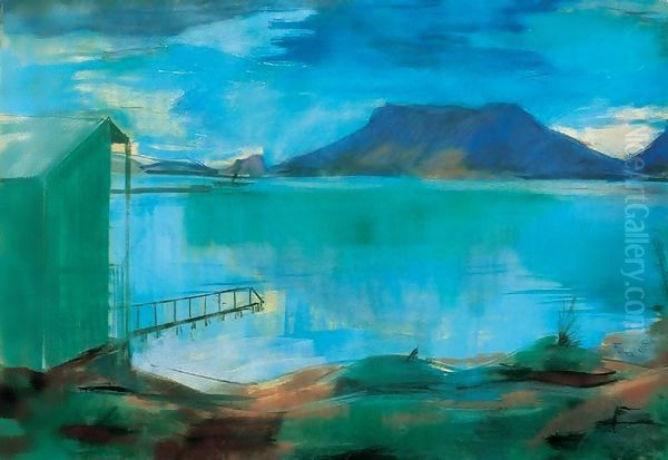 Lakeshore with Bathinghouse c 1930 Oil Painting by Ary Schefer