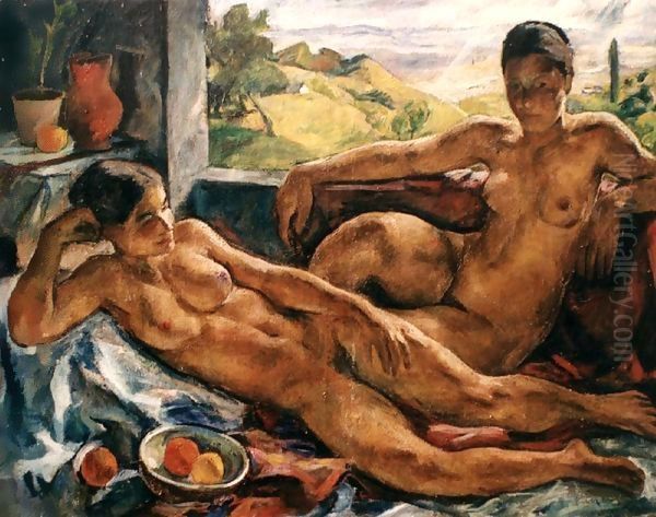 Two Nudes 1923 Oil Painting by Valer Ferenczy