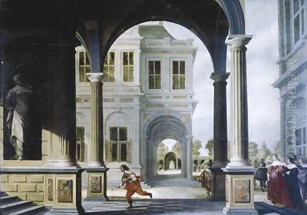 The forecourt of a Renaissance palace with a herald running to the stairs Oil Painting by Dirck Van Delen