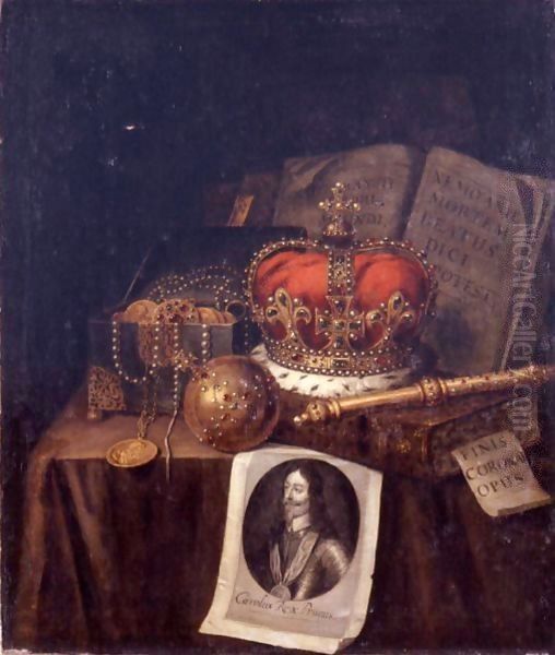 A Vanitas Still Life Of A Crown, An Orb, A Sceptre, A Casket Of Coins And Jewels, Together With Books And An Engraving Of Charles I Of England, All Arranged On A Draped Table Oil Painting by Edwart Collier