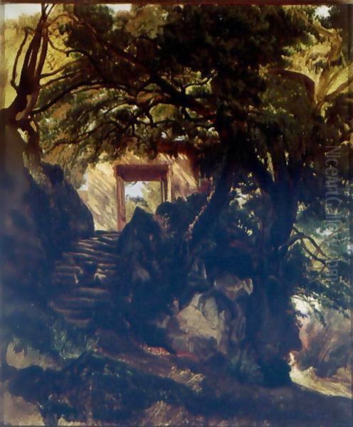 A Stone Staircase And Doorway In A Landscape Oil Painting by Alexandre Calame