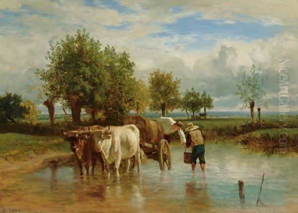 Les Porteurs D'Eau Oil Painting by Constant Troyon