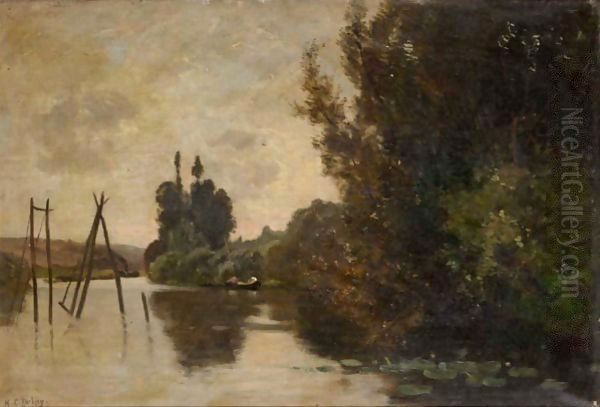 River Landscape At Sunset Oil Painting by Hippolyte Camille Delpy