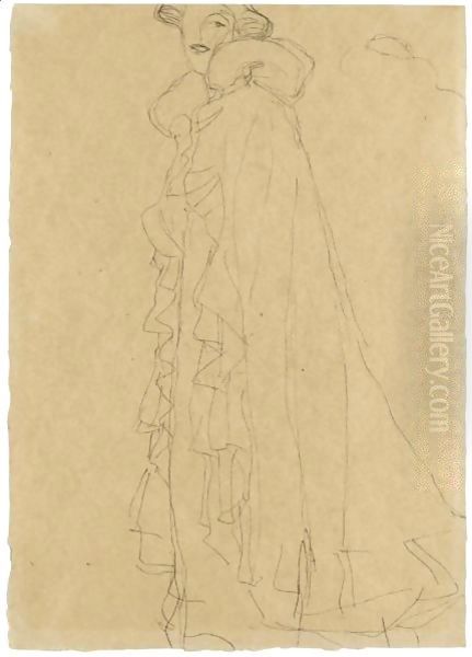 Stehend Nach Links, Skizze Des Kragens Von Hinten (Standing Turned To The Left, Sketch Of The Collar From Reverse) Oil Painting by Gustav Klimt