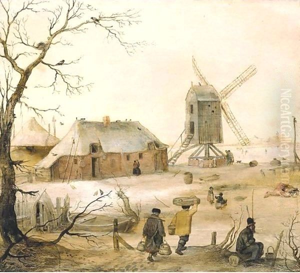 A Winter Landscape With Villagers On A Path By A Frozen River, A Windmill Beyond Oil Painting by Hendrick Avercamp