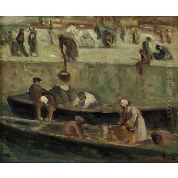 La Seine, Les Lavandieres Oil Painting by Maximilien Luce